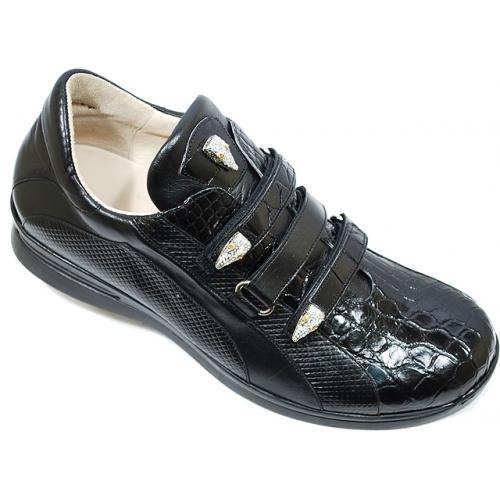 Fennix Italy 3107 Black Genuine Alligator/Nappa/Diamond Calf Leather Sneakers With Three Swarovski Crystals Alligator Heads